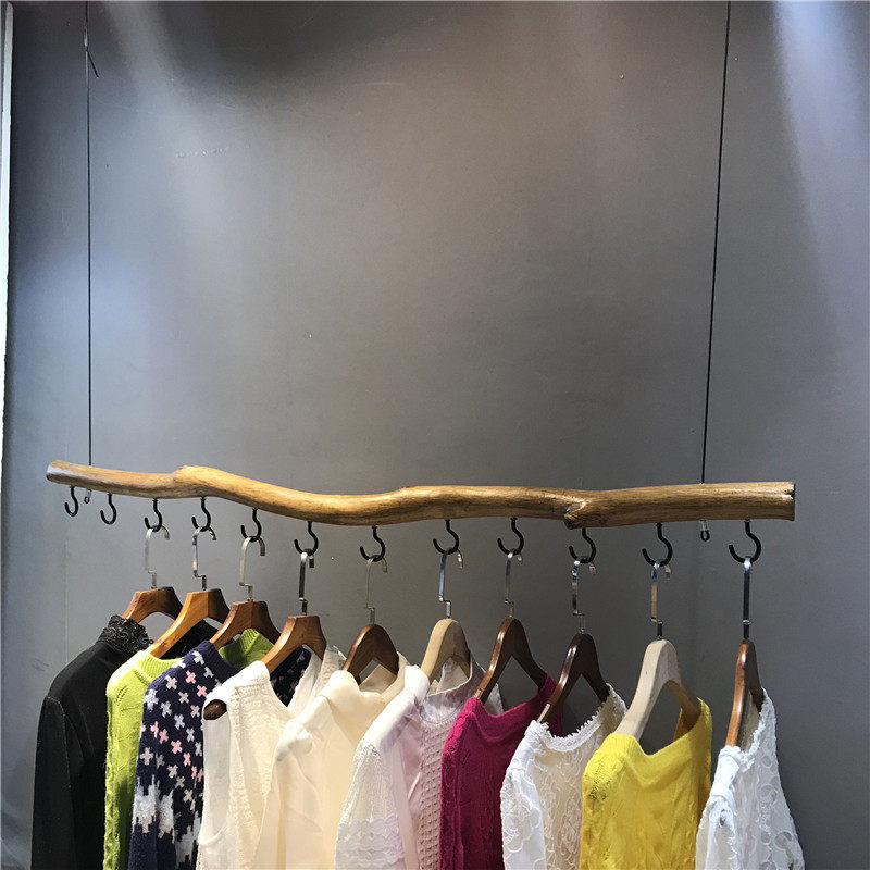 天然树枝服装店展示架上墙服装吊环钢丝吊挂吊顶衣服架女装店货架