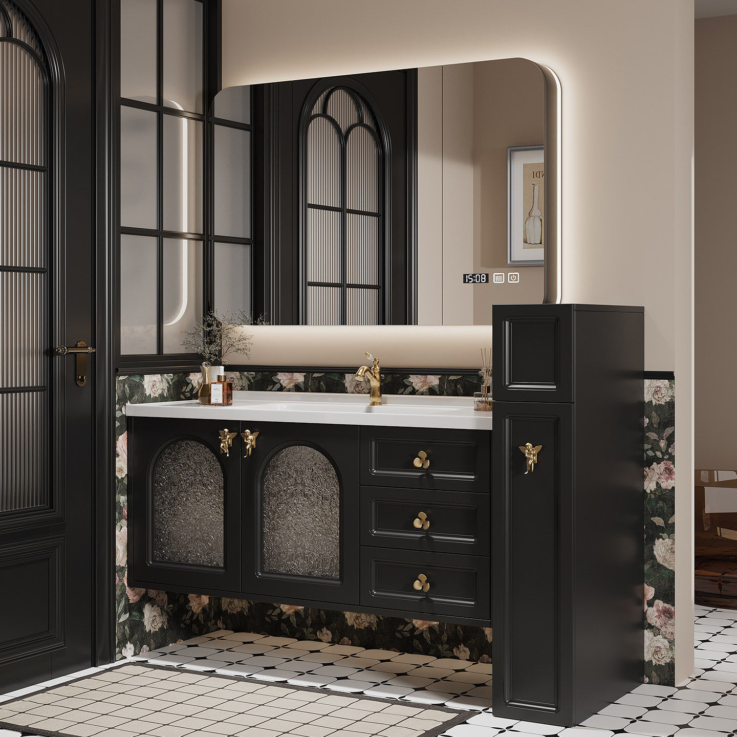 新款法式复古卫生间半墙橡胶木浴室柜组合侧边储物陶瓷一体洗漱台