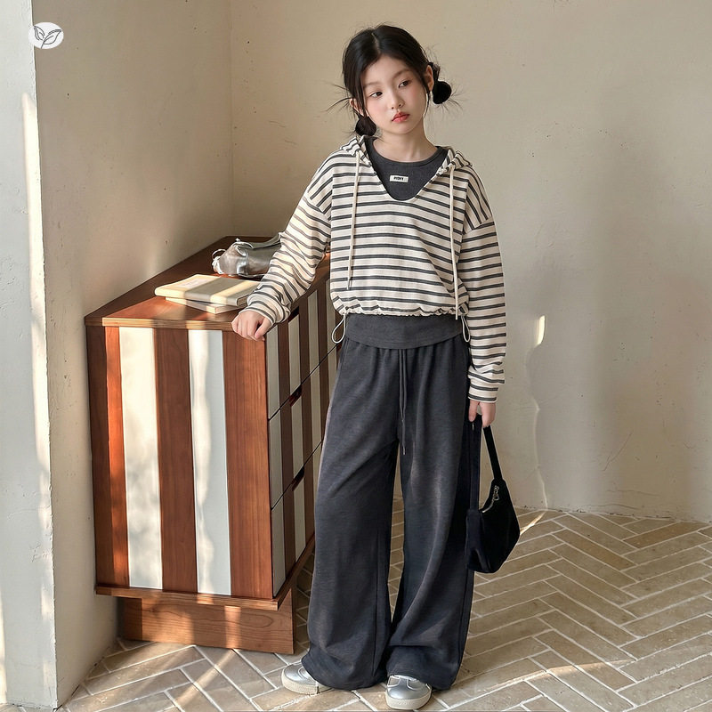 女童条纹帽衫套装2026秋季新款中