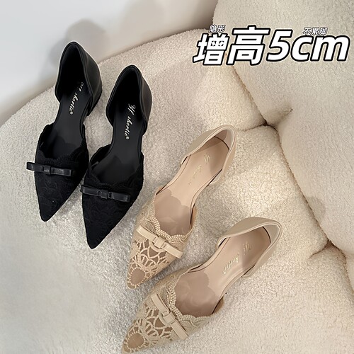 现货法式复古风蕾丝蝴蝶结尖头单鞋女内增高5cm透气中空凉鞋女潮