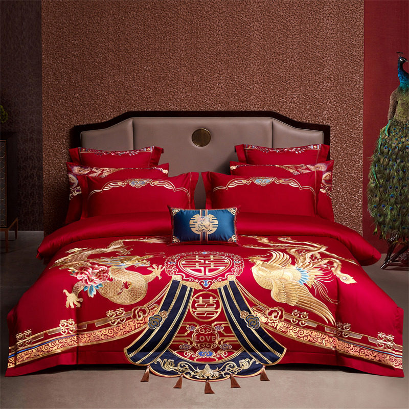 新款长绒棉床品婚庆四件套大红新中式贡缎刺绣六件套结婚床上用品,床上用品,婚庆床品套件,淘宝优惠券,粉丝福利购,淘宝优惠卷