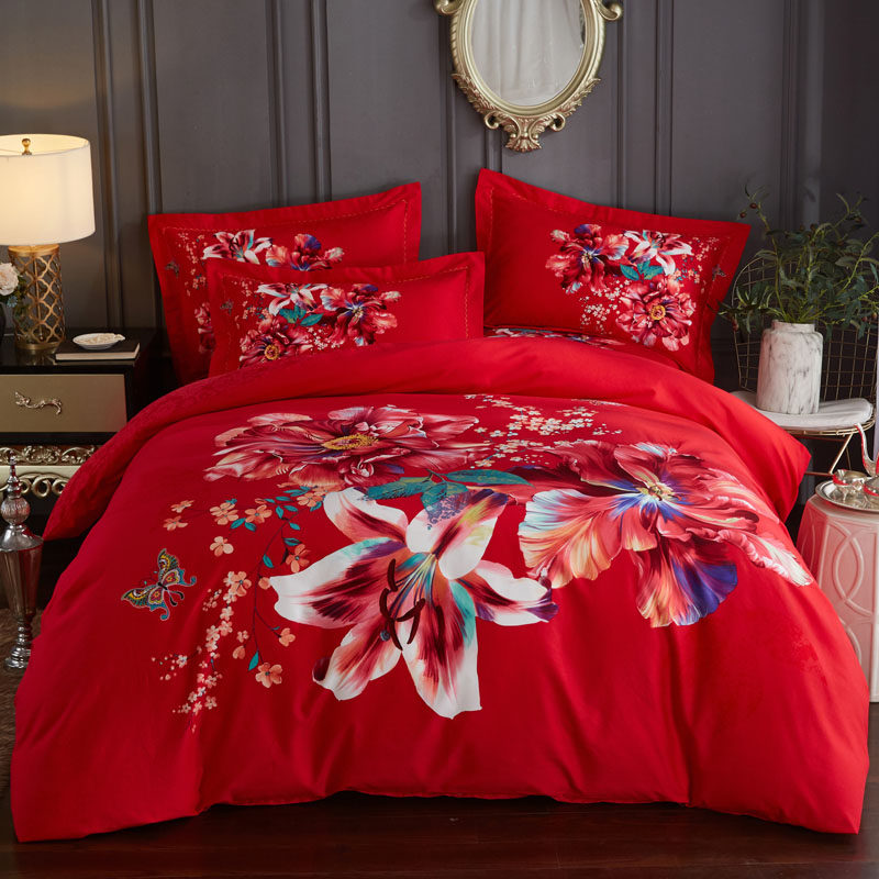 纯棉婚庆磨毛四件套大红被套全棉新婚1.8m床上用品床单4件套2.0,床上用品,婚庆床品套件,淘宝优惠券,粉丝福利购,淘宝优惠卷