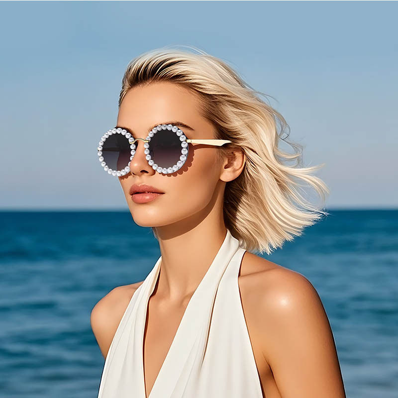 镶珍珠墨镜女款2025新款圆形框复古欧美防紫外线高级感太阳眼镜