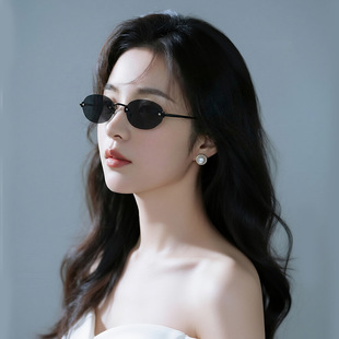 新款 眼镜 椭圆墨镜高级感女士无框切边太阳镜金属镜框墨镜时尚