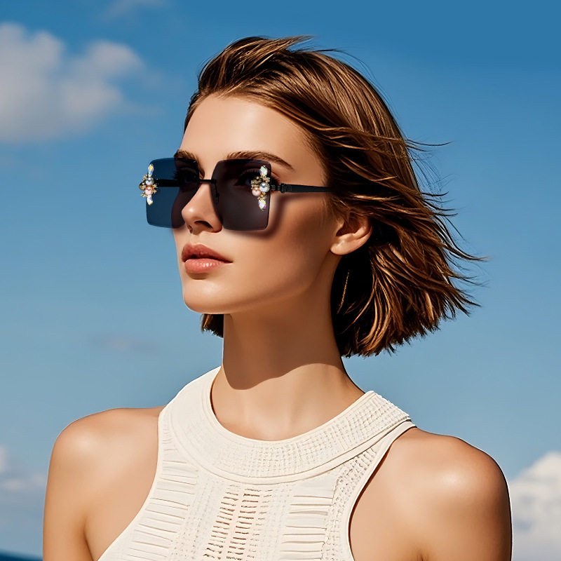无框墨镜女士高级感欧美时尚复古镶钻珍珠太阳镜金属切边眼镜