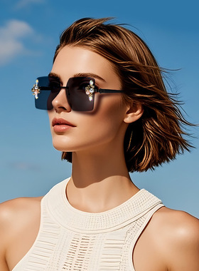 无框墨镜女士高级感欧美时尚复古镶钻珍珠太阳镜金属切边眼镜