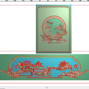 新中式山水背板深雕精雕图灰度图楼阁靠背浮雕图荷花祥云木雕图