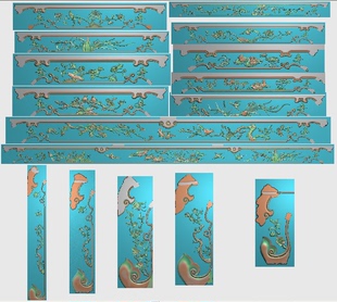 四季花鸟裙板牙板精雕图雕刻图灰度图立水群板梅花脚吉星高照下架