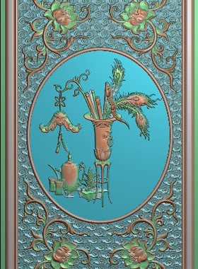 羽毛花瓶精雕图祥云底精品如意博古花瓶木雕灰度图角花洋花浮雕图