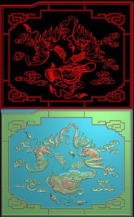 元宝门板精雕图浮雕刻图灰度图蝙蝠背板扇子边板 床边双福吊金钱