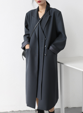 CHICVEN2023秋季 重工气质双门襟长款宽松西装外套过膝风衣女上衣