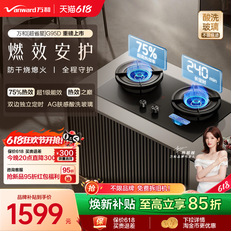 [旗舰双定时新品]万和75%热效燃气灶煤气灶家用双灶酸洗玻璃G95D