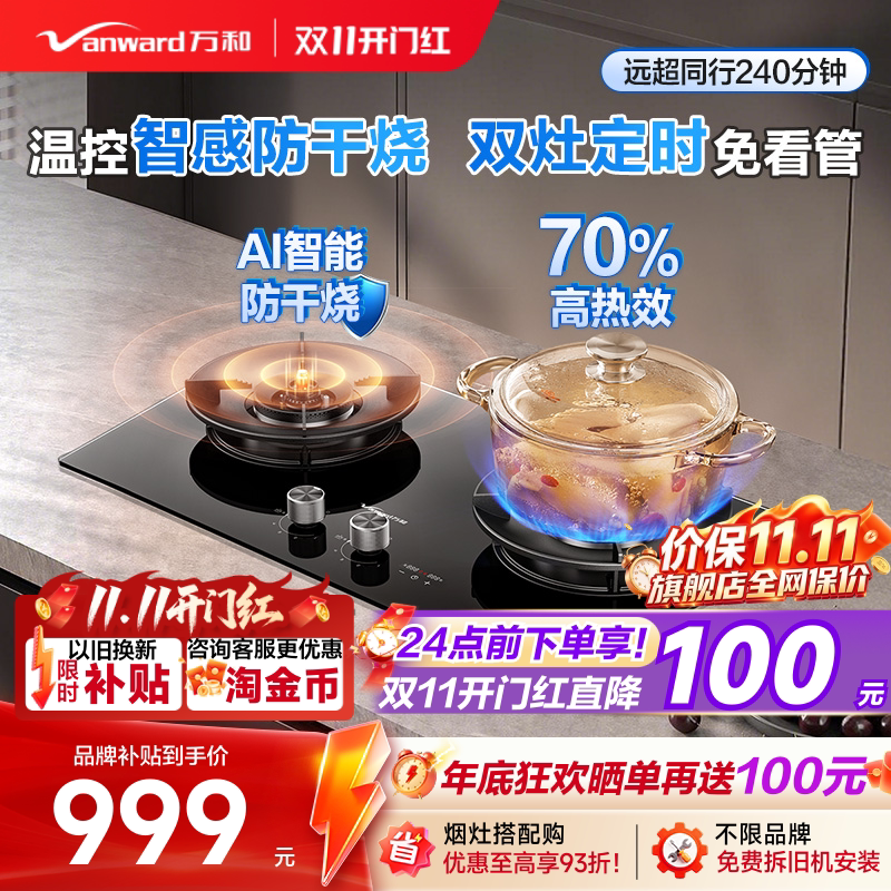 [智能防干烧]万和B9DF新品燃气灶煤气灶家用双灶双定时天然气官方