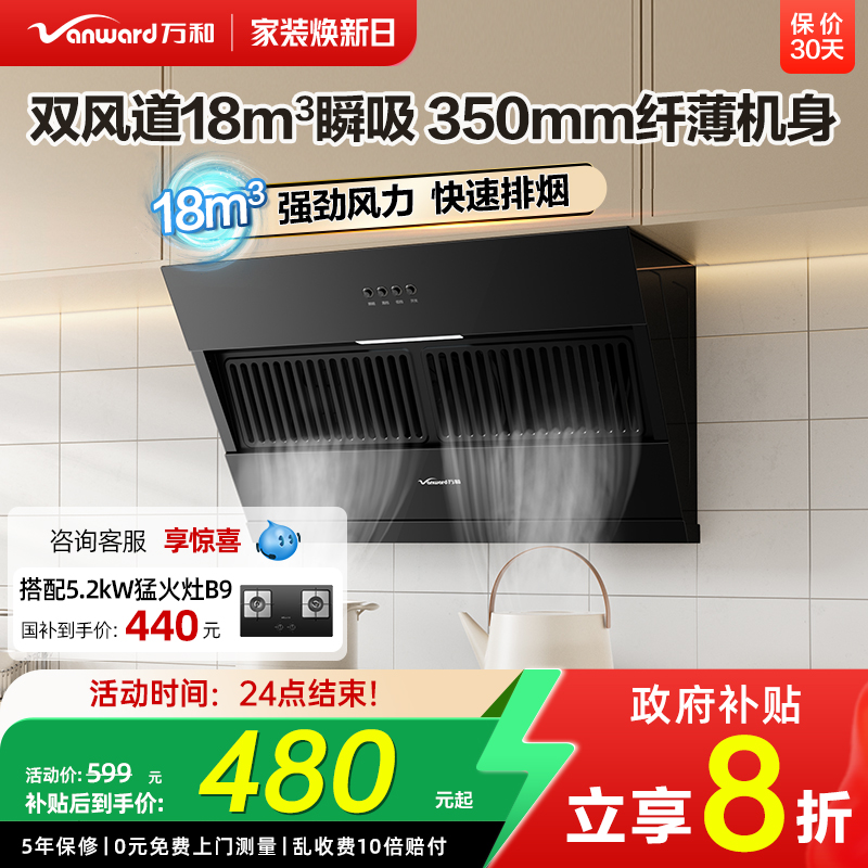 [政府补贴]万和小双翼抽油烟机家用厨房小型大吸力烟机XJ330