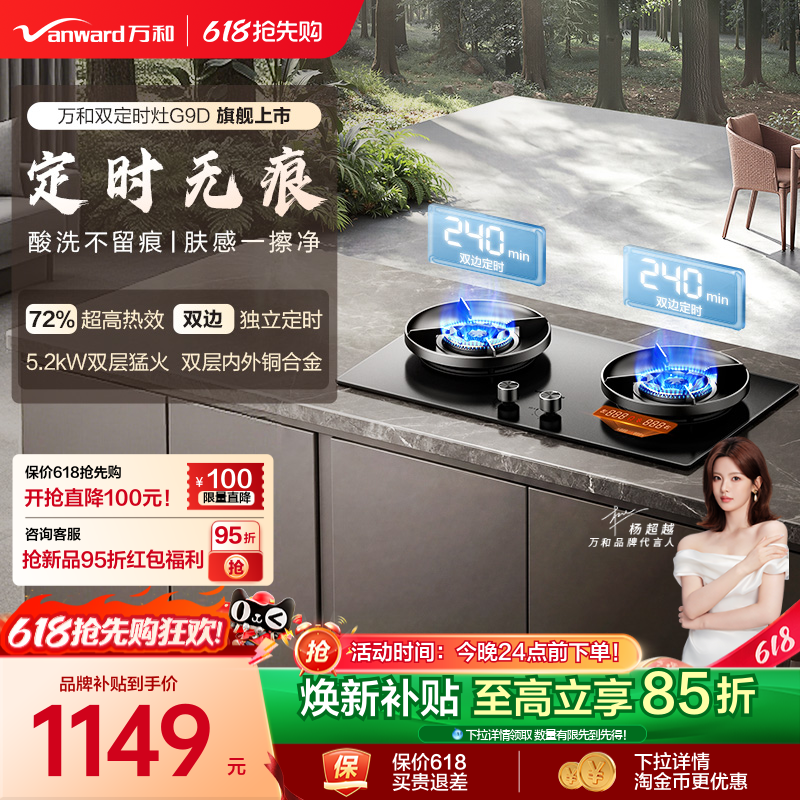 [旗舰新品]万和天然气定时燃气灶煤气灶家用双灶无痕酸洗玻璃G9D