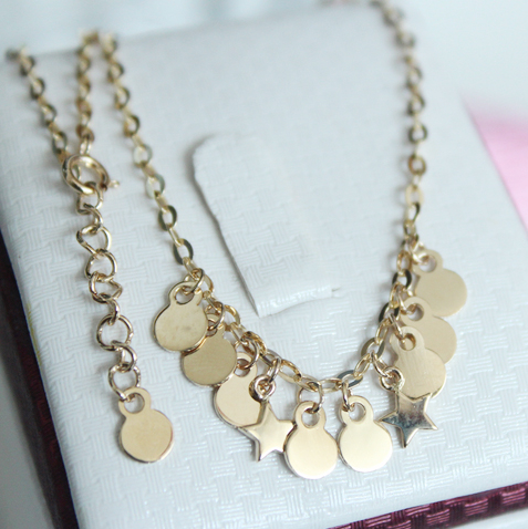 韩国14k金脚链星星圆片流苏