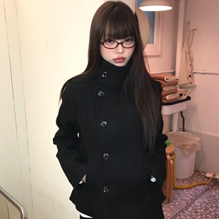 韩系秋冬气质立领黑色呢子小个子修身显瘦短款毛呢外套女