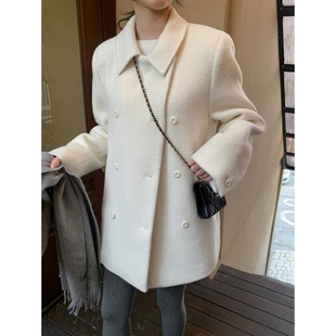 韩国chic超好看气质高级感双排扣白色毛呢外套小个子大衣女