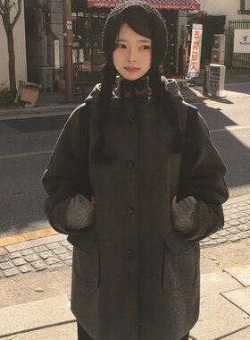 韩国复古日系学院风连帽单排扣夹棉毛呢外套中长款大衣女