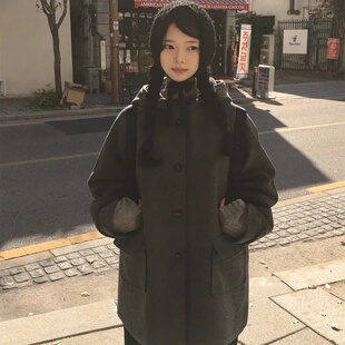 韩国复古日系学院风连帽单排扣夹棉毛呢外套中长款大衣女