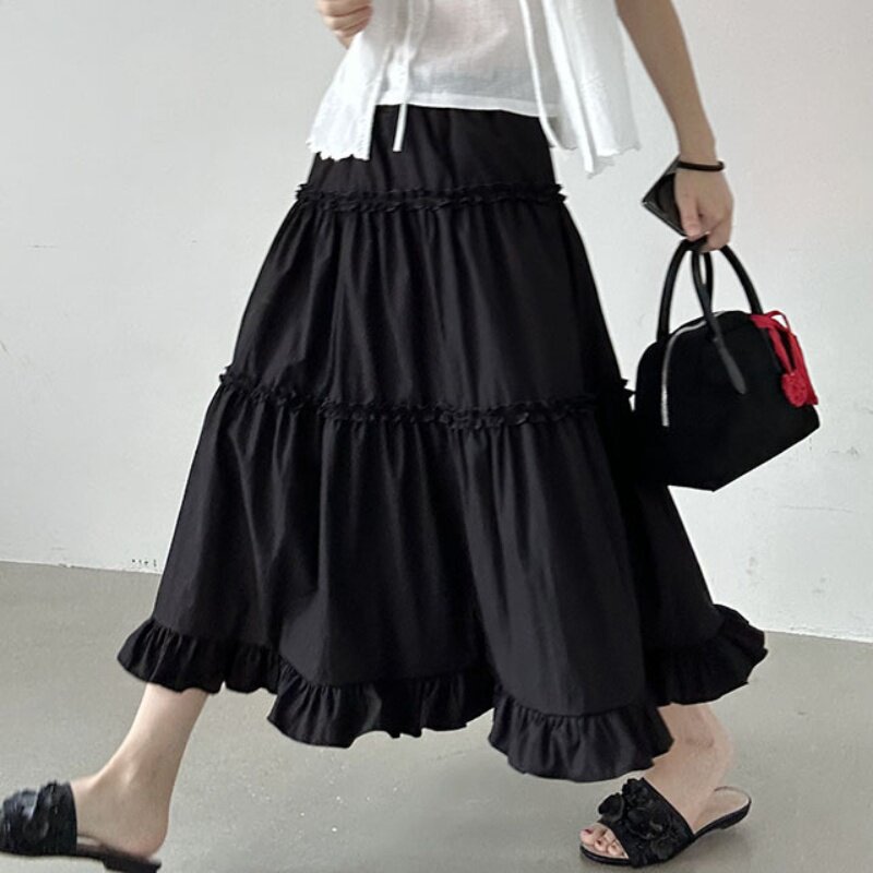 韩国chic复古休闲气质甜美百搭木耳荷叶边大摆蛋糕半身裙