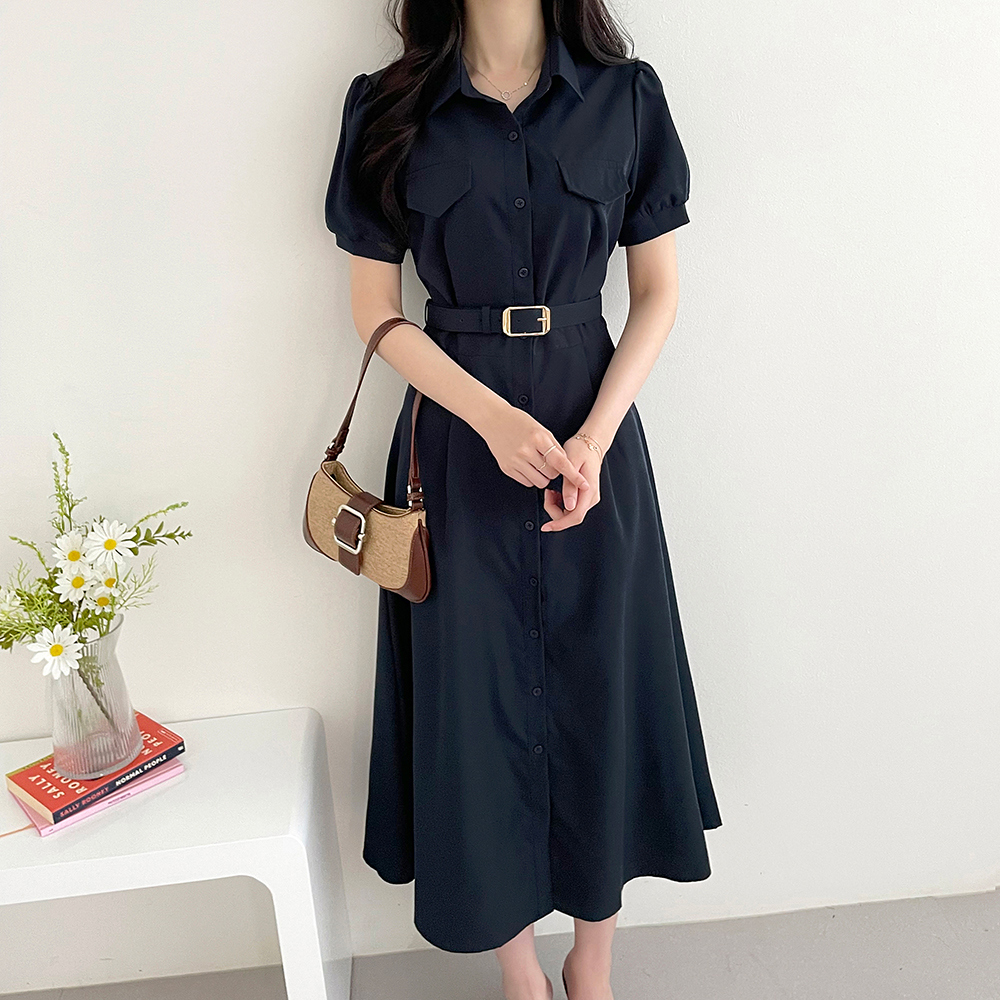 韩国chic法式复古气质假口袋单排扣腰带收腰显瘦泡泡袖连衣裙