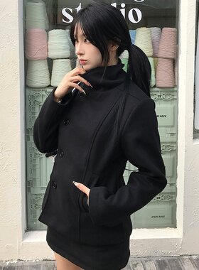 韩国复古气质立领单排扣黑色呢子小个子修身显瘦毛呢外套女
