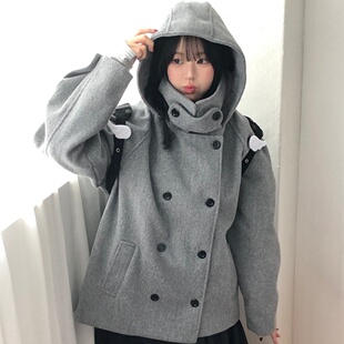 韩国ins复古气质学院风立领连帽双排扣毛呢外套日系大衣女