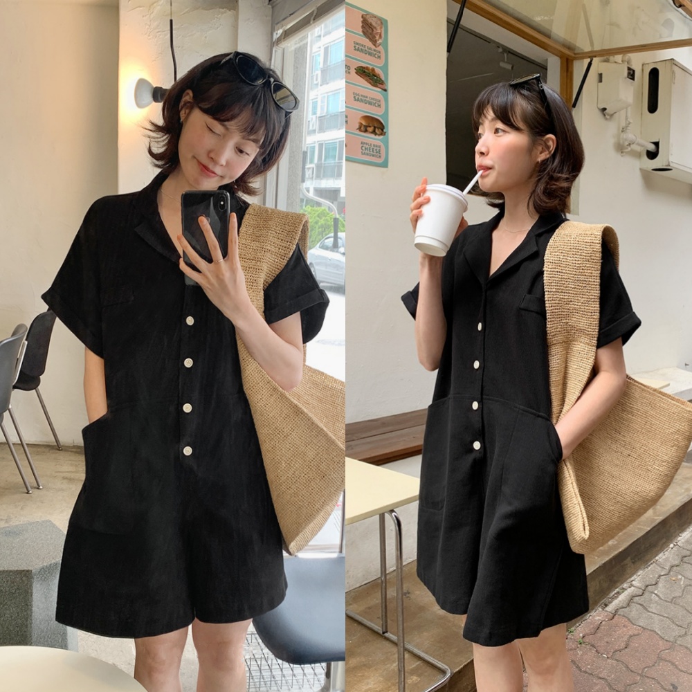 韩国chic复古气质翻领单排扣口袋宽松休闲短袖阔腿连体短裤