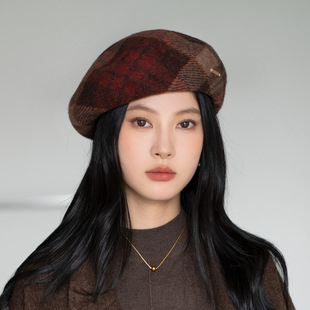 新 25年秋季 疯帽子 纯羊毛贝雷帽女英伦复古画家帽子撞色格纹蓓蕾