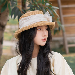瘋帽子 甜美歐根紗蝴蝶結(jié)漁夫帽春夏卷邊仙女遮陽草帽子女2025年