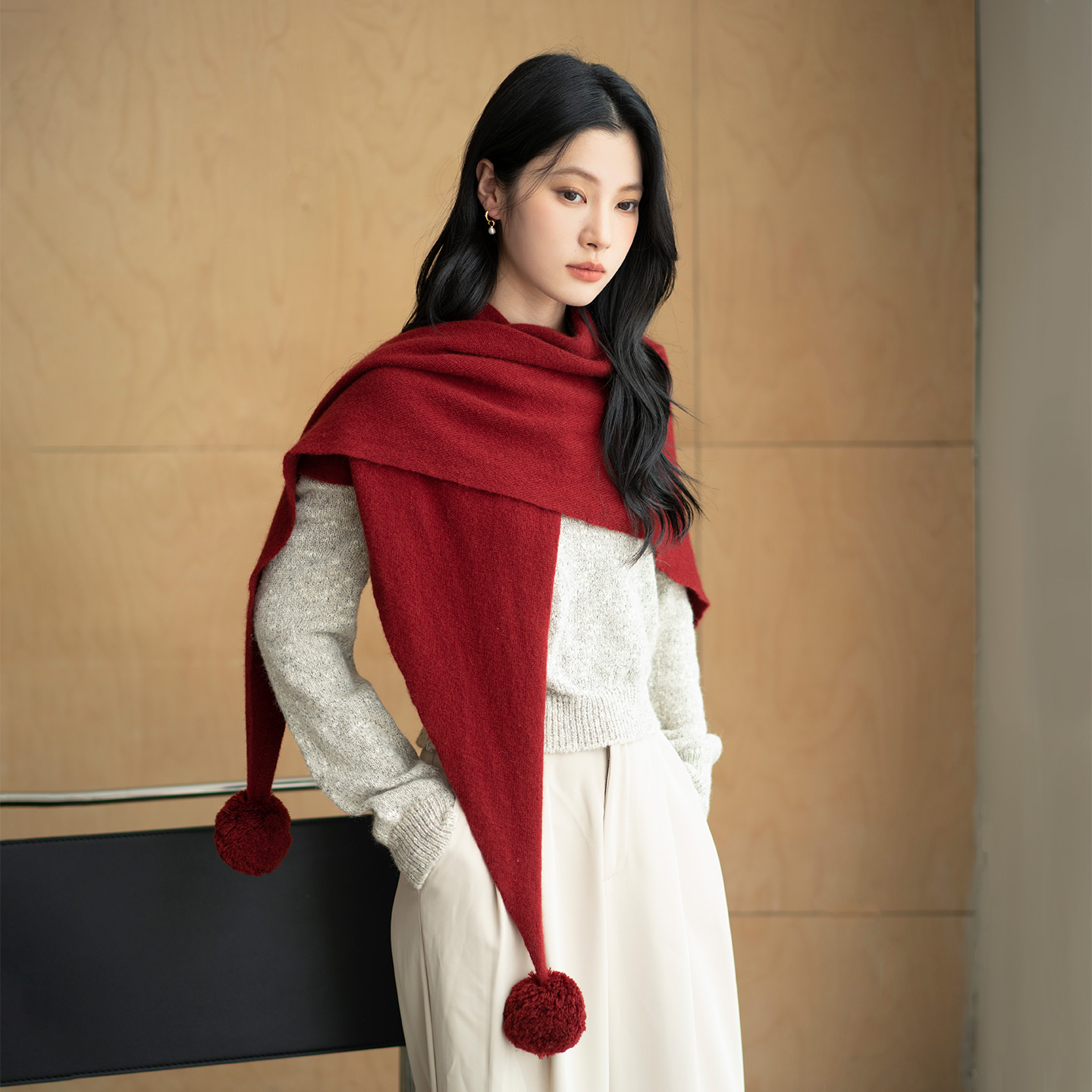 疯帽子纯羊毛大三角纯色围巾秋冬