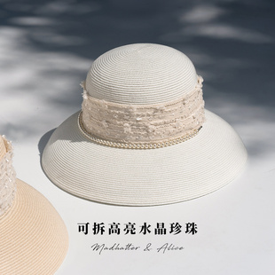 甜美蕾絲遮陽帽女法式 瘋帽子 珍珠盆帽可折疊大檐太陽帽子25春夏