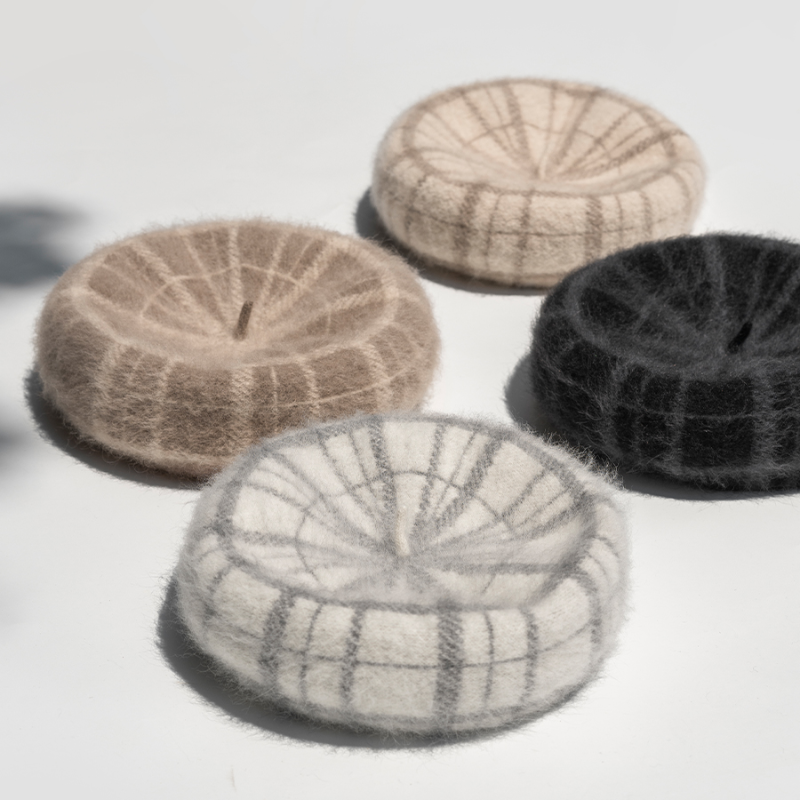 疯帽子兔毛混羊毛贝雷帽简约格纹