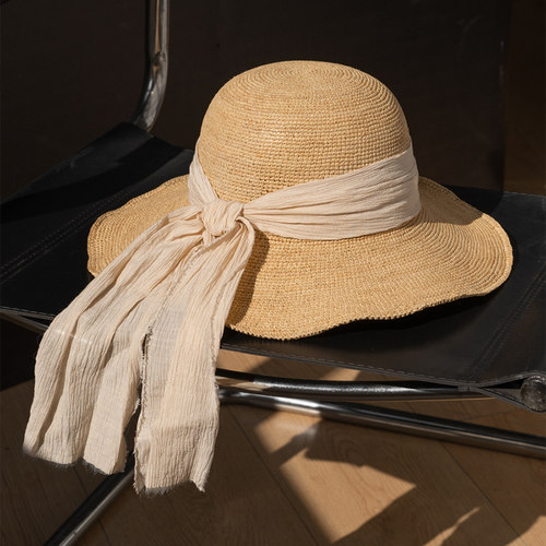 疯帽子天然拉菲草宽檐遮阳草帽