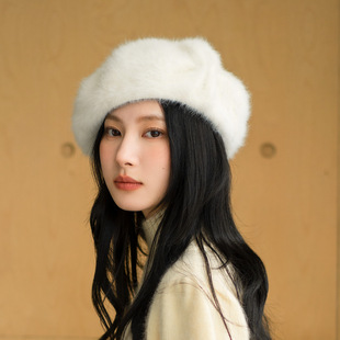 25年秋新 纯色画家帽女逛街出游蓓蕾 疯帽子 甜美兔毛贝雷帽子韩版
