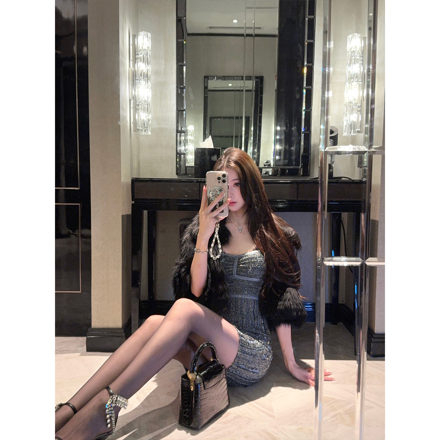 DFAY 高定品牌 蓝黑闪银丝线针织裙气质收腰显瘦吊带连衣裙女秋冬