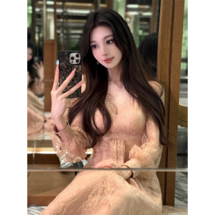 DFAY 显瘦网纱v领长裙女 玫瑰烫金 纱丽蕾丝连衣裙贵气高级感修身