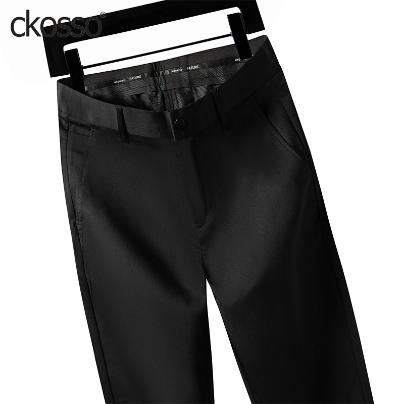 桑蚕丝休闲裤男士黑色薄款微弹透气修身直筒西装长裤夏季高端男裤