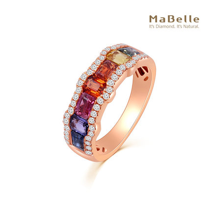 MaBelle/玛贝尔彩虹系列 18K玫瑰金 长方形彩蓝宝拼镶钻石戒指