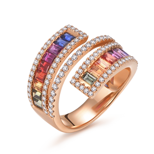 MaBelle/玛贝尔彩虹系列 18K玫瑰金方形彩蓝宝拼镶钻石戒指 时尚