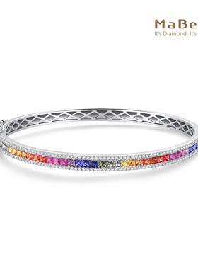 MaBelle/玛贝尔彩虹系列 18K白金方形彩蓝宝石拼镶钻石手镯 优雅