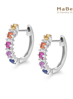 MaBelle/玛贝尔彩虹系列 18K白金 彩蓝宝拼镶长方形钻石耳环 圈式
