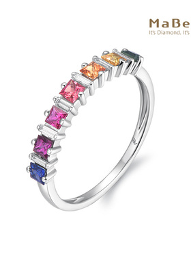 MaBelle/玛贝尔彩虹系列 18K白金 方形彩蓝宝白钻拼镶戒指 优雅