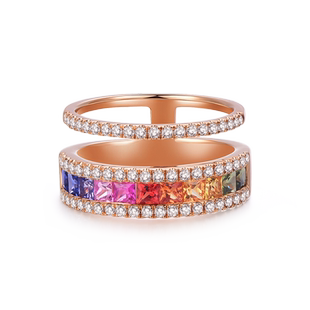 MaBelle/玛贝尔彩虹系列 18K玫瑰金方形彩蓝宝拼镶钻石戒指  时尚