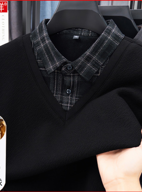 恒源祥羊绒衫男2025冬季中老年加绒加厚假两件爸爸装羊毛黑色毛衣