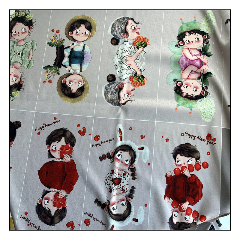 人字纹仿香云纱提花缎布料手工包口金包DIY箱包面料可爱卡通辅料