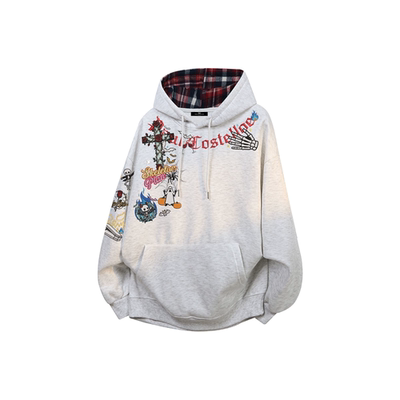 多巴胺重磅美式加绒加厚连帽卫衣格子袖子男女秋冬季宽松外套上衣