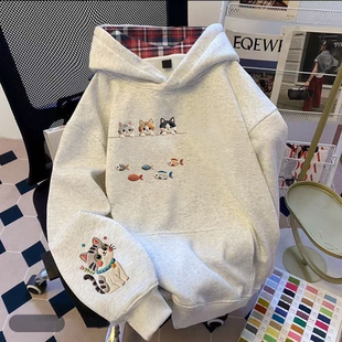 美式卡通猫咪白灰色格子连帽卫衣秋冬季新款加绒加厚学生宽松上衣