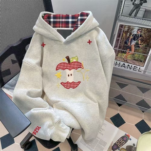 学院风重磅欧美风格子连帽卫衣女2025年秋冬白灰色时尚宽松上衣服